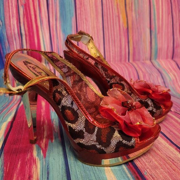 Italina Red and Gold Leopard Print Heels - Picture 2 of 16